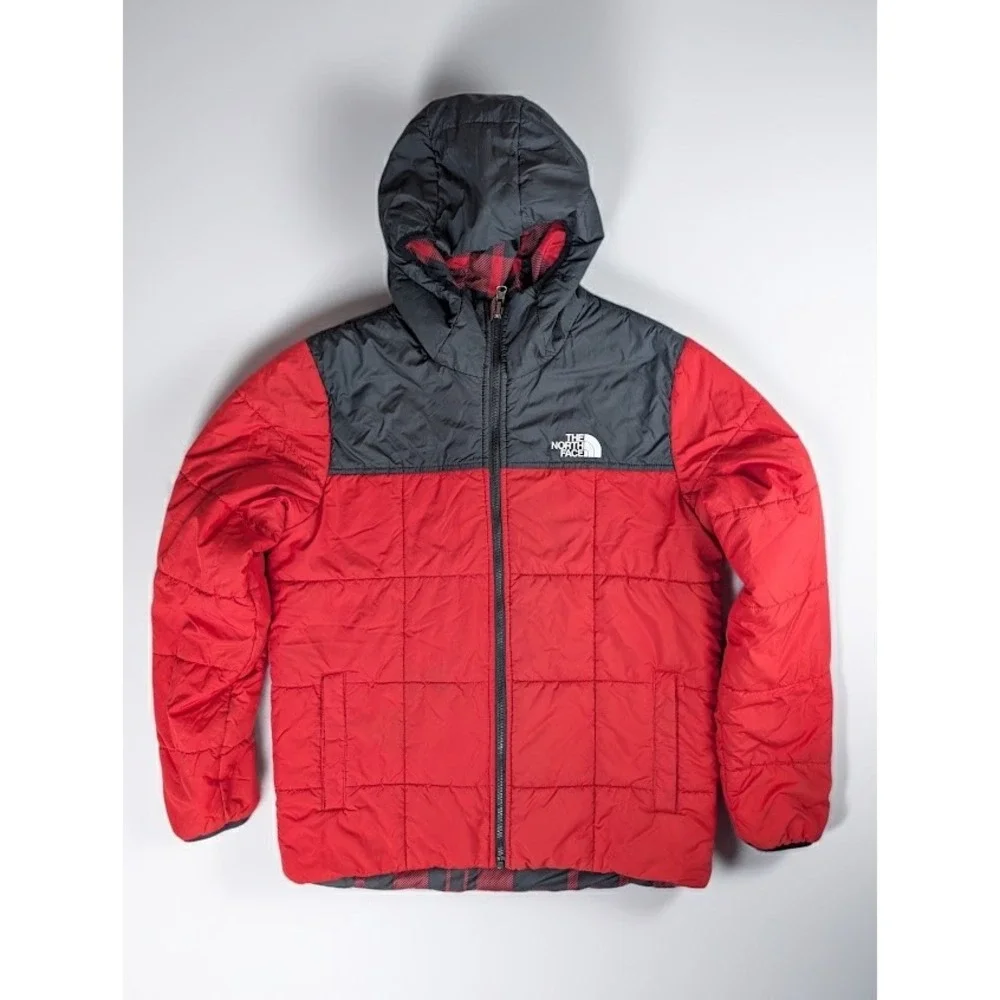 The North Face Reversible Quilted Puffer Jacket Red Black Plaid Hooded Boy's XL
